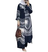 ODIZLI Women's Muslim 2 Pieces Sets Long Sleeve Button Down Shirt and Pants Abaya Casual Dress Du...