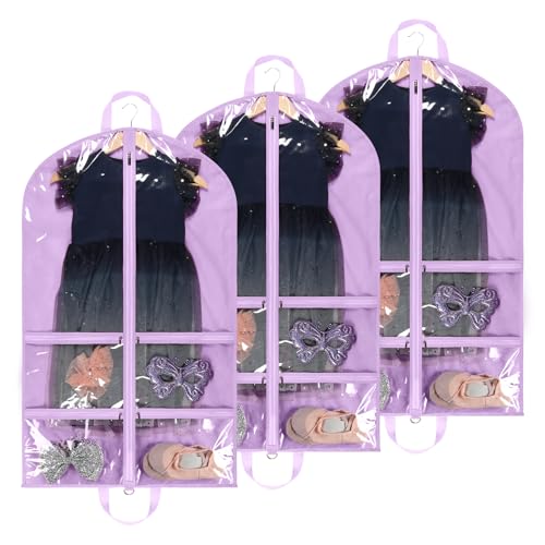 LOVEGRASS Kids Garment Bags for Dance with 4 Zipper Pockets, 3 Pack, Purple