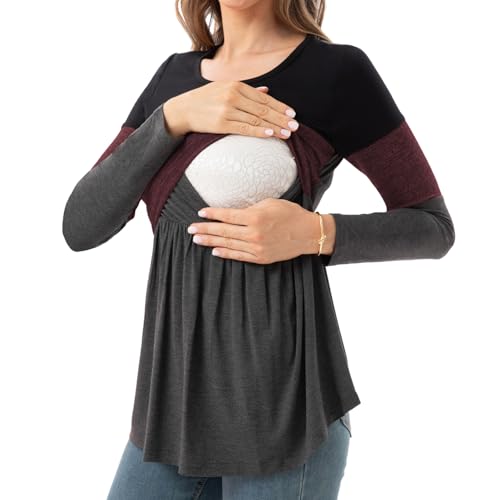 Bearsland Women's Nursing Tops Long Sleeve Scoop Neck Breastfeeding Shirt Maternity Clothes, Barn Red, L