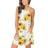 Damen Casual Camisole Kleid A-Linie ÄRmellos Rundhals Swing Freizeitkleid Elegant Floral Knielang Strandkleid Sommerkleid Mit Taschen (XXL,Gelb)