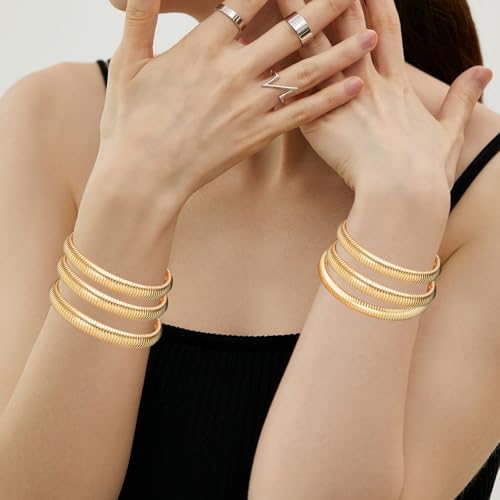 6 Pcs Gold Bangle Bracelets for Women, Chunky Stack Gold Plated Stretch Bracelet Jewelry Non-Tarnish, Flexible Trendy Designer Look Alike Jewelry Wristband Link Chain Cuff Bracelets Halloween2