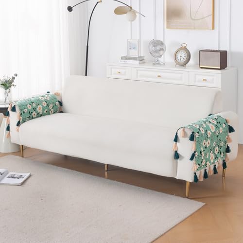 Image of HOKIPO Premium Holland Velvet Sofa Armrest Cover | Printed Design Arm Cover with Tassels | 'Whispers of Nature' (1 Pair) Sage Floral Vine (IN-1115-D8*2SC)