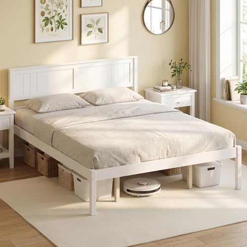 Image of GIANTEX Queen Wood Platform Bed Frame with Headboard, Mid Century Queen Bed Frame with Wood Slat Support, Solid Wood Foundation with 16 inch Under Bed Storage, No Box Spring Needed, Easy Assembly (White)