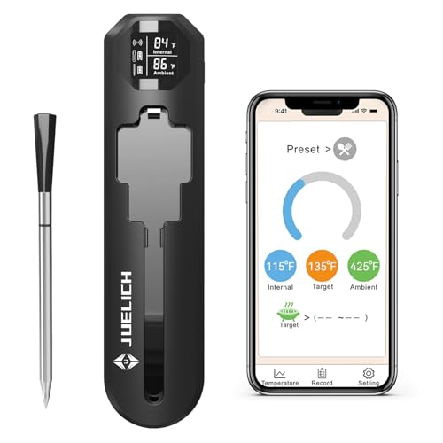 JUELICH Smart Wireless Meat Thermometer, Bluetooth Digital Food Probe, 250m Range, Internal & Ambient Temp, Ideal for Oven, Grill, Kitchen, BBQ, Smoker, Air Fryer, Sous Vide, Black