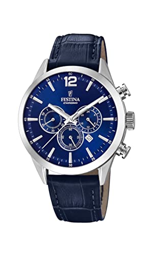 Festina Reloj Hombre F20542/2 Timeless Chronograph Caja de Acero Inoxidable 316l Plateado Correa de Cuero Azul
