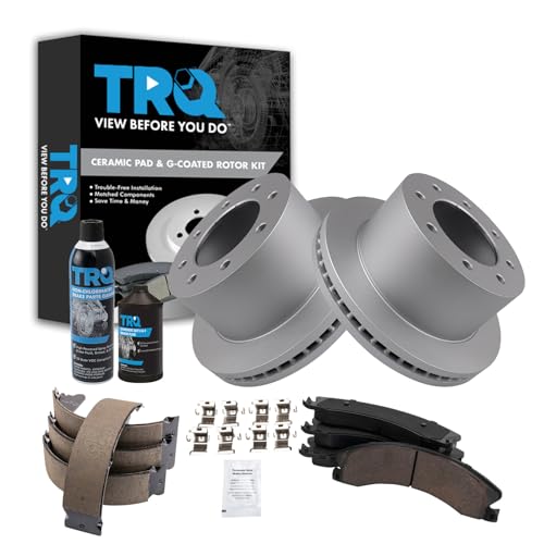 Image of TRQ Rear Brake Pad & Rotor Kit, with Chemical Kit Parking Brake Shoe Set Ceramic Premium G-Coated Compatible with 2013-2017 Chevrolet Silverado 3500 HD GMC Sierra 3500 HD