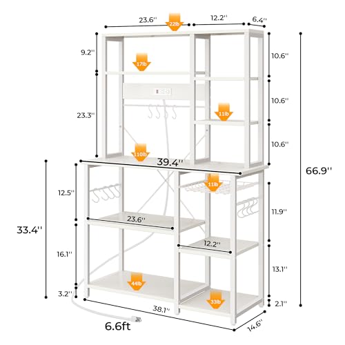 Image of SUPERJARE Large Bakers Rack with Power Outlets, 6-Tier Microwave Stand, Coffee Bar with 12 S-Shaped Hooks, Kitchen Shelf with Wire Basket, 39.4 x 14.6X 66.9 Inches, White