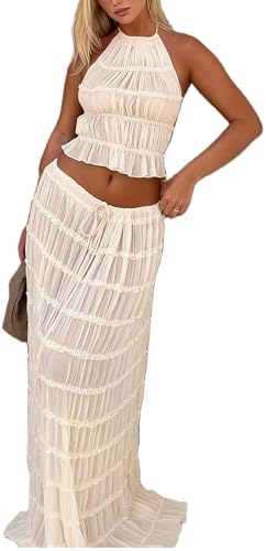 Womens Y2k Maxi Skirt Set Backless Lace Halter Crop Top and Long Skirt Sets Beach Cocktail Club Dress 2 PCS Outfit