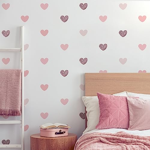 Adesivo de Parede Corações Tons de Rosa Glitter Quarto de Menina 55un Cobre 5m2 (Com Glitter Rosê)