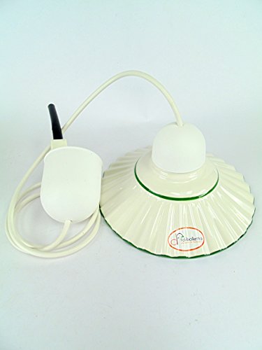 Lampadina non inclusa lampadario design cavo in plastica bianca sospensione a una luce con piatto in ceramica bordato verde l1039 Misure:H 79cm,Ø piatto 19cm.Le misure sono con vetro.Portalampada attacco Edison E 27