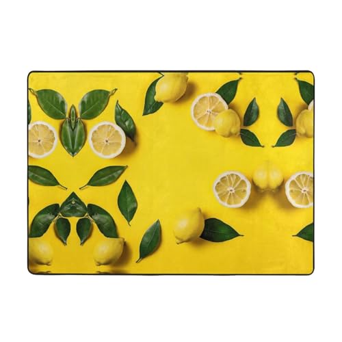 Yellow Lemon Print Living Room Anti Slip and Absorbent Carpet, Indoor Bedroom Bed Floor Mat, Ultra Soft Washable Carpet 80x58 in