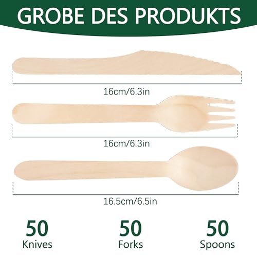 150 Pezzi Set Di Posate In Legno Usa E Getta, 50 Forchette, 50 Cucchiai, 50 Coltelli, Posate Usa E Getta In Legno, Compostabili, Posate Usa E Getta, Per Feste, Campeggio, Matrimoni, Compleanni