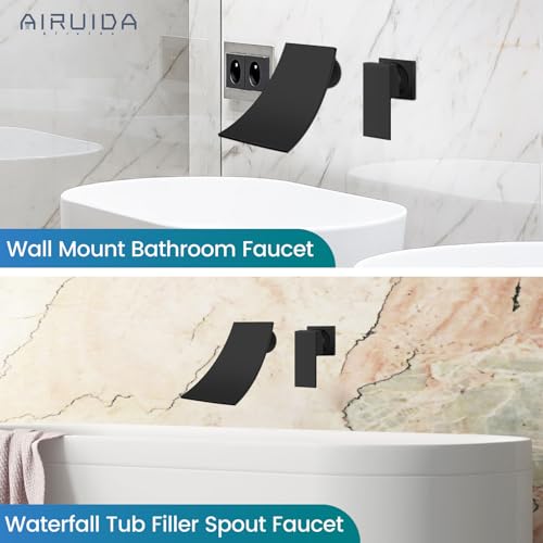 Airuida Wall Mount Bathtub Faucet, Matte Black Tub Filler with Waterfall Tub Spout, Single Handle Bathroom Mixer Tap Brass Rough-in Valve Included - Thumbnail 5