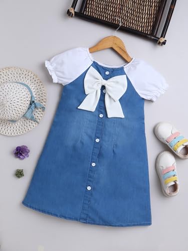 Image of Dresses for Kids Girls, Stylish Knee Length Once Piece Denim Frocks for Girls, Casual Dress for Summer & Special Occasion