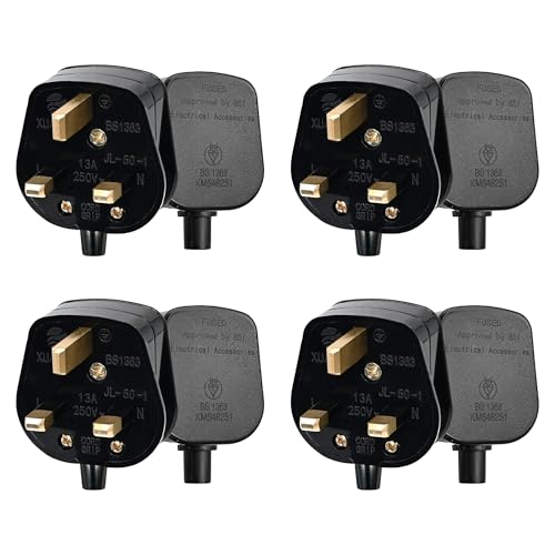 Double Dragon Enchufe de 13A con 3 Pines Tipo UK | Enchufe Eléctrico Re-cableable y Robusto | Material PC Ignífugo, Duradero y Seguro | Certificado BS1363 y BSI (Paquete de 4, Negro)