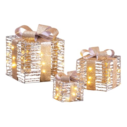 Image of The Christmas Workshop Light-Up Gold & Silver Gift Boxes/Set of 3 Different Sizes/Warm White LED Lights/Timer Function/Battery Powered (74429)