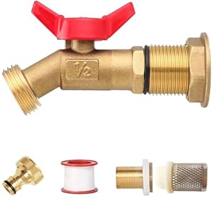Rain Barrel Spigot Kit, Brass Outdoor Faucet Water Spigot for Water Barrel Bucket, Quarter Turn Ball Valve, with Bulkhead Fitting, Hose Connector Adaptor, Filter, Seal Tape