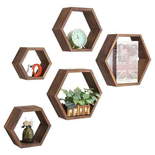 Image of YBING Hexagon Floating Shelf, Set of 5 Honeycomb Shelves Decor, Wooden Hexagonal Floating Shelves Wall Decor for Living Room, Bedroom, Bathroom, Kitchen, Office (Dark Brown)
