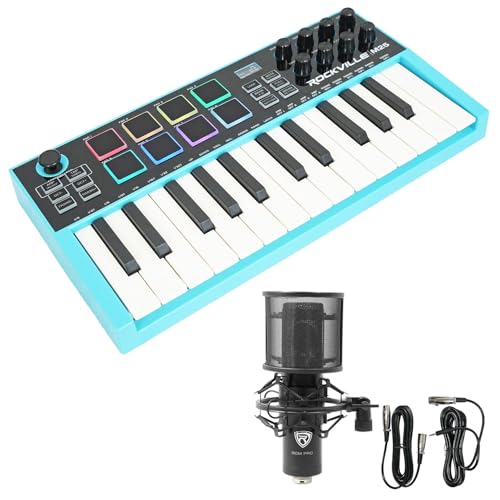 Audisavings Bundle: Rockville M25 25 Key USB Wireless MIDI Keyboard Controller With Bluetooth+8 Pads Bundle with Rockville RCM PRO Studio/Recording Condenser Microphone (2 Items)