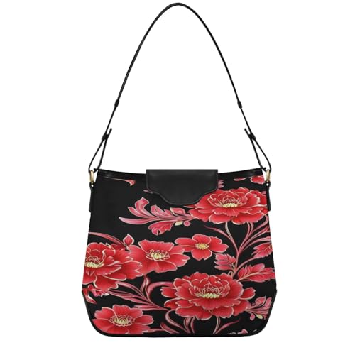 Sac bandoulière amovible en cuir PU rouge à motif pivoine
