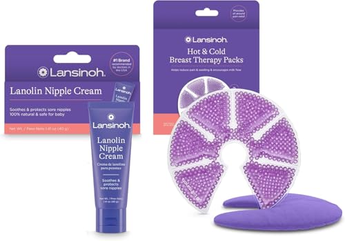 Image of Lansinoh Lanolin Nipple Cream, 1.41 Ounces, and Breast Therapy Packs with Soft Covers, 2 Pack, Breastfeeding Essentials for Moms