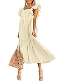 Dokotoo Linen Dresses for Women 2025 Summer Dresses Cute Ruffle Hemline Skirt Off Shoulder Maxi Dress Casual Beach Dresses Beige