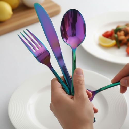 Image of Mirror Polished Rainbow 16 Pcs Stainless Steel Cutlery Set for Dining Table, Dishwasher Safe Glossy Flatware (4 Spoon Set + 4 Forks Set + 4 Butter Knife + 4 Dessert Spoon)