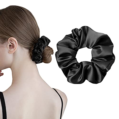 VEGAWIWI Silk Scrunchies for Hair 100% Pure 22 Momme Mulberry Silk Scrunchies for Curly Hair 1 Pack Black Silk Hair Ties for Women Girls with Elastic Band