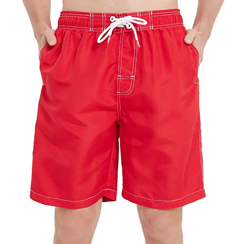 KAILUA SURF Mens Swim Trunks Long, Quick Dry Mens Boardshorts, 9 Inches Inseam Mens Bathing Suits with Mesh Lining (Red, L)