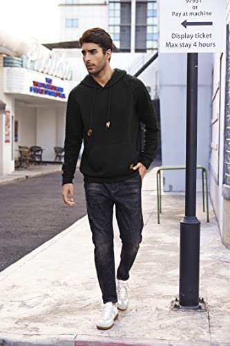 Coofandy Men's Knit Hoodie Pullover Hipster Hip Hop Long Sleeve Drawstring Waffle Hooded Sweatshirt With Kanga Pocket Black #TOP3