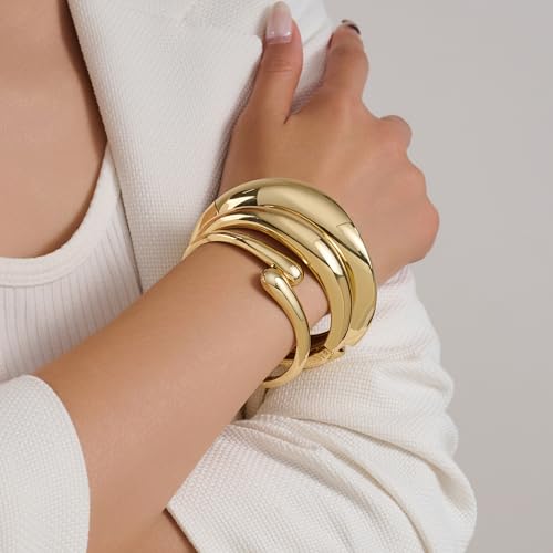 Chunky Gold Bangles Bracelets Stack for Women, Dainty 14k Gold Plated Wide Stackable Bangles Set, Trendy Statement Cuff Bracelet Stack Fashion Jewelry Gifts Style 4 — view 5