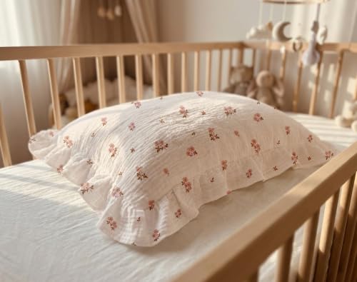 Image of Toddler Pillowcases for 13 inchx18 inch Pillow 2 Pack, Muslin Small Toddler Baby Kids Travel Pillow Covers for Boys Girls with Envelope Closure (Blush Berry-Ruffled, 13 x 18 Inch)