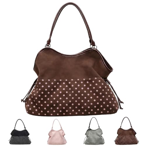 Brown Polka Dot Faux Suede Hobo Bag for Women,Whimsy Twee Vintage Large Capacity Casual Shoulder Handbag, Y2K Slouchy Tote (42*1