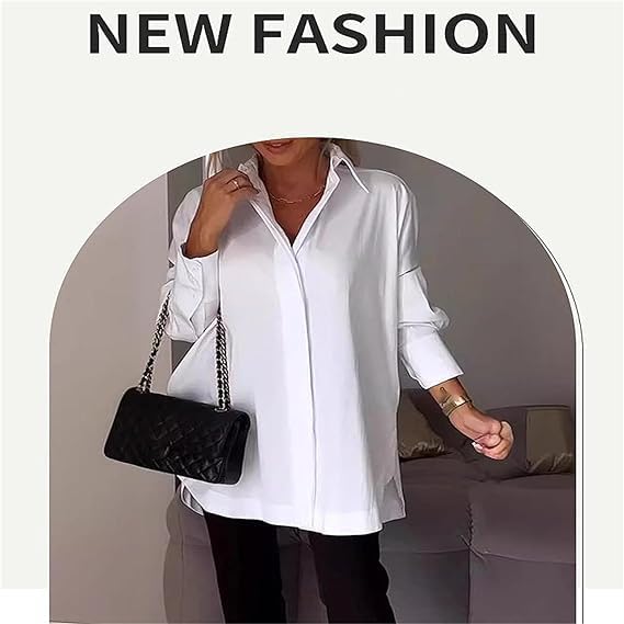 White Lapel Slit Shirt Women, White Satin Button Down Shirts for Women, White Lapel Slit Shirt