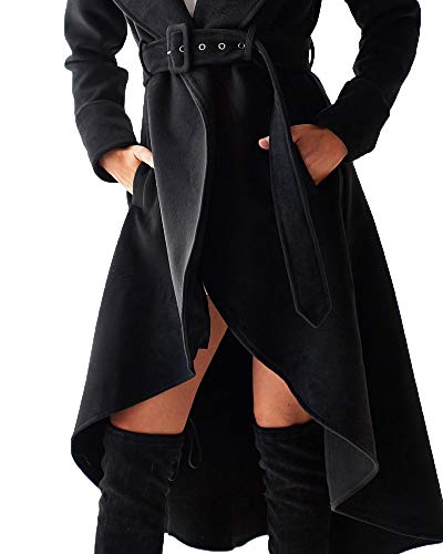 SAUKOLE Women's Winter Wool Trench Coat Wrap Large Collar High Low Jacket Outwear with Belt3