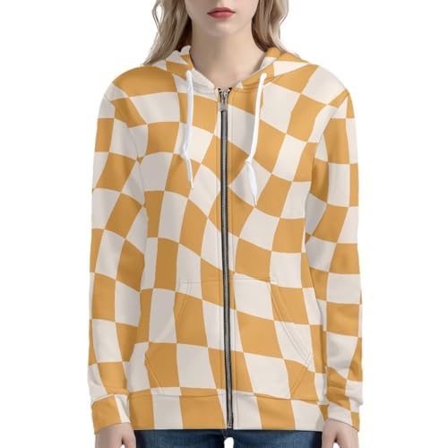 HUGS IDEA Orange Checkered Zip Up Hoodie for Women Casual