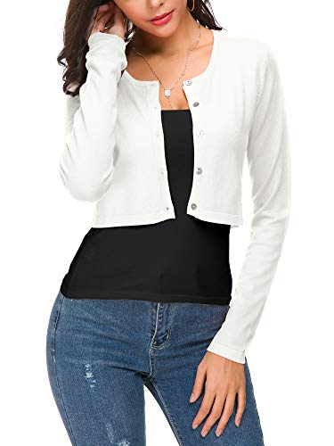 Women's Cropped Bolero Cardigan Button Down O-Neck Knitted Shrug Sweaters (L, White) #TOP2