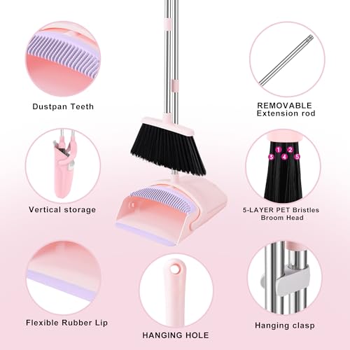 Image of BSKLIN Broom and Dustpan Set, 52 inch Long Adjustable Handle Broom with Dustpan Combo Set with Dust Pan Teeth to Clean Hair for Home Lobby Office Kitchen (Small-Pink-Purple)