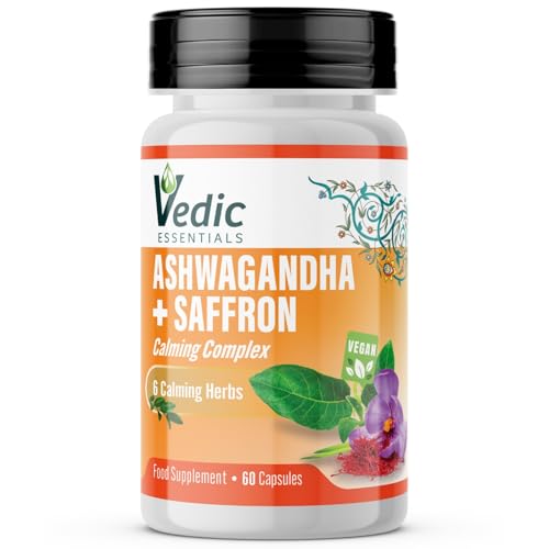 Vedic Ashwagandha-Saffron Calming Complex | 6 Calming Herbs Blend- Ashwagandha Boosted with Saffron, Chamomile, Hops, Inositol & Schisandra Berry | High Strength 2290mg | Premium, Vegan, 60 Capsules