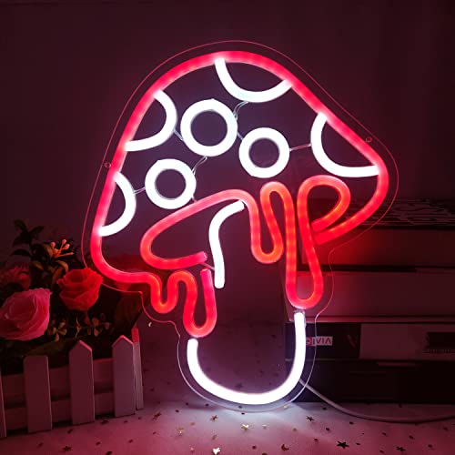 Mushroom Neon Sign Dimmable Led Mushroom Neon Light Cute Neon Mushroom Sign Night Light 3d Wall Art Mushroom Neon Signs For Wall Decor Game Room Bedroom Decor Holiday Gift For Children Kids Girl (Red)