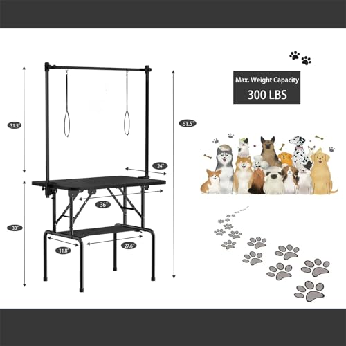 Image of 36 Inch Foldable Dog Grooming Table with Adjustable Arm, Nooses & Storage Basket - Non-Slip Pet Grooming Station for Dogs & Cats - Supports Up to 300 lbs (36 inches)