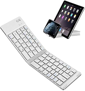 IKOS Folding Bluetooth Wireless Keyboard Slim Pocket Portable Travel Foldable Full Size Keyboard with Stand Holder for iPhone6-13 Max iPad Mini/Pro/Air, iOS Android Windows Laptop Smartphone/Tablet