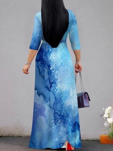 Image of Plus Size Dresses for Women Print Maxi Dresses 3 /4 Sleeve with Belt