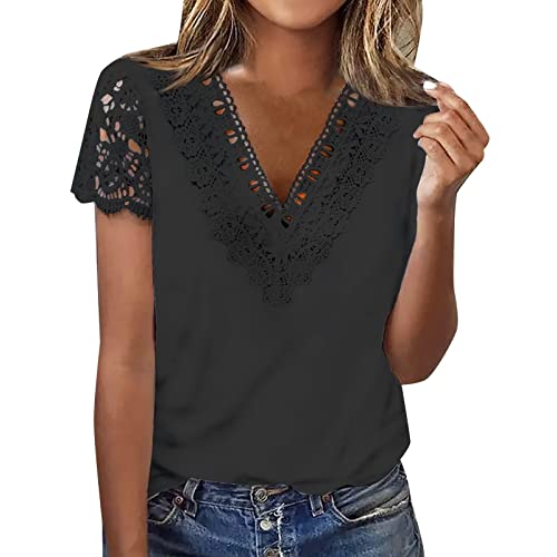 Image of NQyIOS Women Casual Solid Color V Neck Lace Trim Knitted Jacquard Short Sleeved T Shirt Top Summer Women Shirts Black