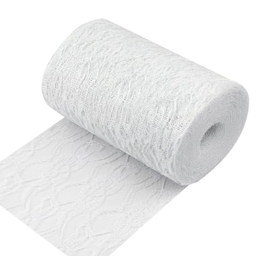 Tischläufer Spitze Weiß, 15 cm x 25 m Spitzenband Tischdeko Hochzeit mit der Schere, Tischband Abwaschbar Hochzeitsdeko, Dekoband Tischläufer für Hochzeit Taufe Kommunion Festliche Dekoration