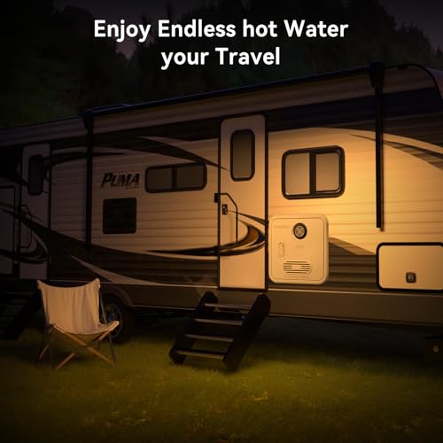Image of RV Tankless Water Heater 55,000 BTU, On Demand Instant Hot Water Heater, DC 12V, High Altitude Available, 15x15 inch White Door, Propane Gas, Compact Design, Compatible with all RVs