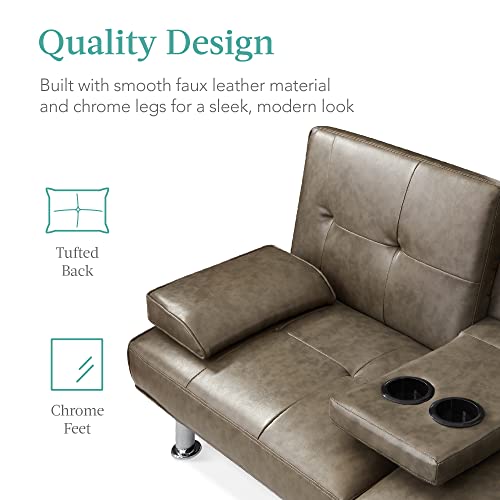 Best Choice Products Faux Leather Upholstered Modern Convertible Folding Futon Sofa Bed For Compact Living Space, Apartment, Dorm, Bonus Room W/Removable Armrests, Metal Legs, 2 Cupholders - Gray #TOP4