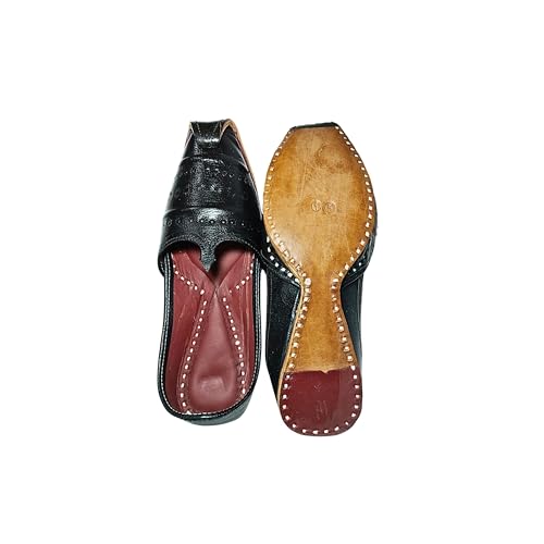 Image of Sunking Traditional Handcrafted Black Leather Punjabi Jutti, Ethnic Rajasthani Men's Slip-on Shoes