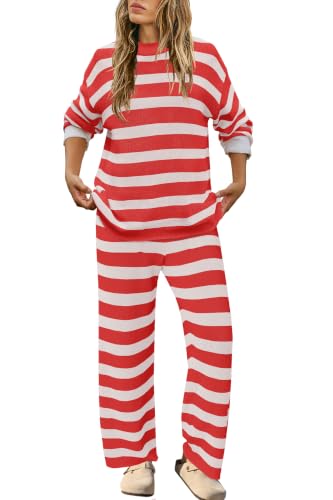 Image of SENSERISE Womens Striped Set Sweater Lounge Sets | Pajamas Set, Loungewear Set, Oversized Knit Sweater, Wide Leg Pants with Pockets, Fall Outfits, Pants Set