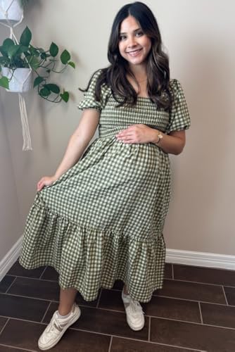 PinkBlush Olive Gingham Smocked Maternity Midi Dress